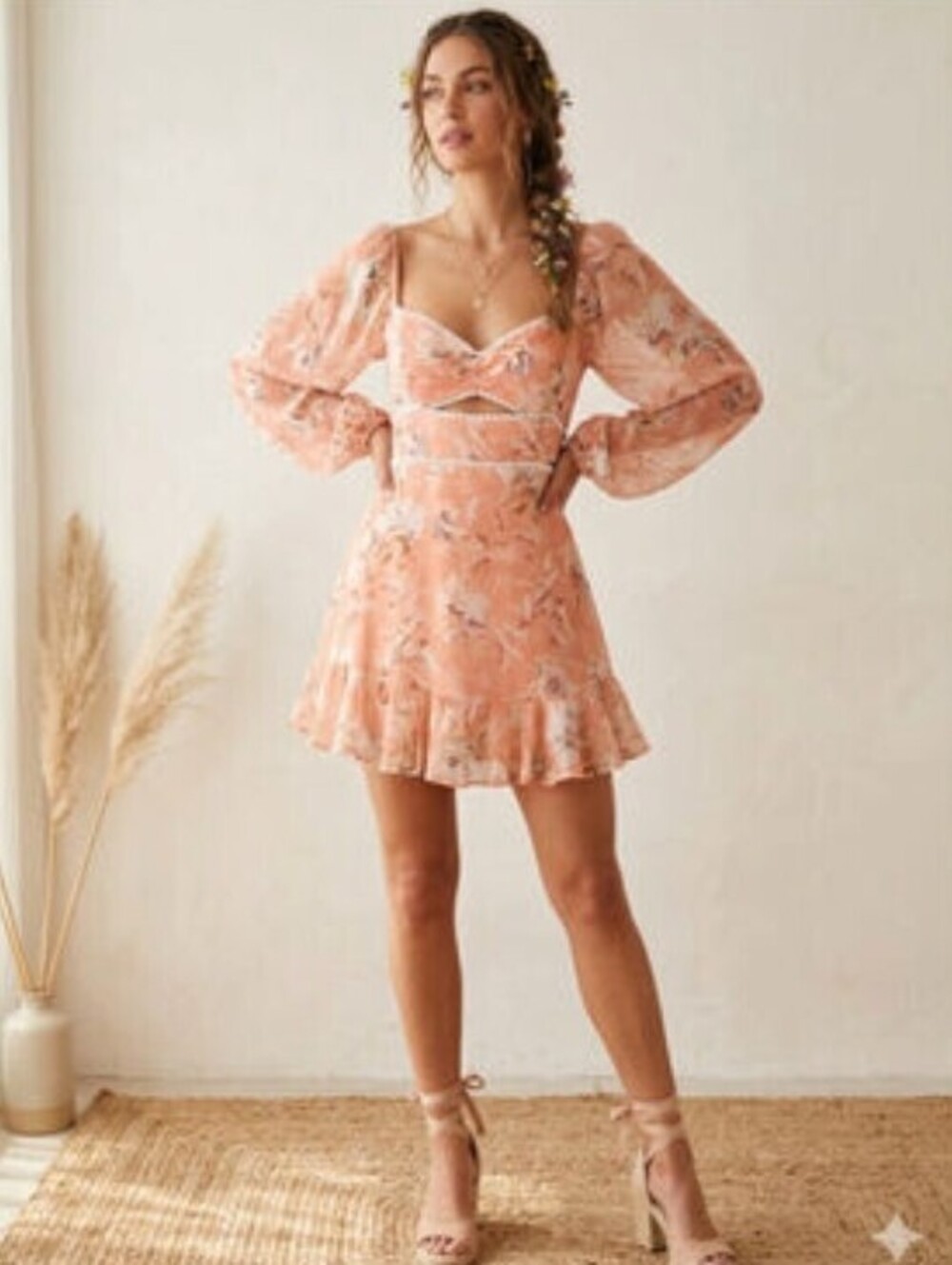 Saints & Secrets Pink Floral Pom Puff Sleeve Mini Dress - Size - Small - NWT